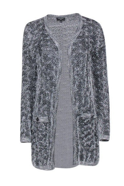 Current Boutique-Chanel - Black & Silver Metallic Streamer Knit Cardigan w/ Open Front Sz 2