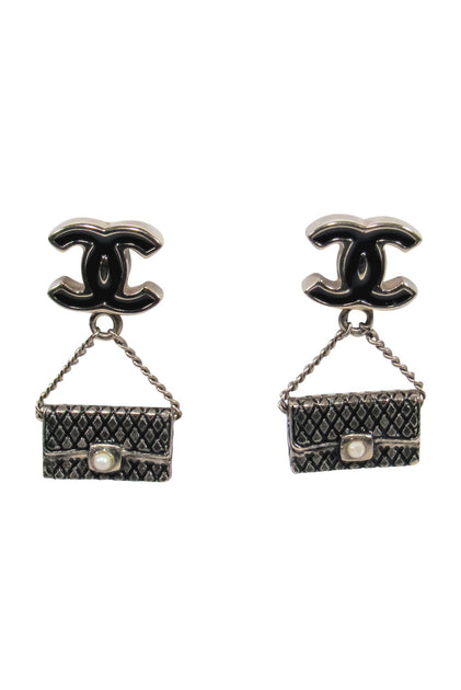 Chanel - Black & Silver Mini Handbag Dangle Earrings