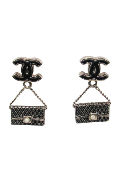 Current Boutique-Chanel - Black & Silver Mini Handbag Dangle Earrings