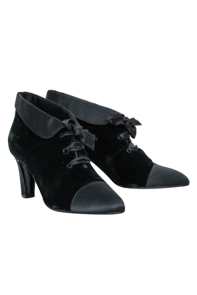 Current Boutique-Chanel - Black Velvet Lace Up Booties Sz 7