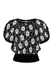 Chanel - Black & White Floral Embroidered Short Sleeve Sweater Sz