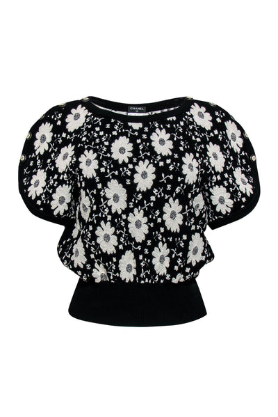 Current Boutique-Chanel - Black & White Floral Embroidered Short Sleeve Sweater Sz 4