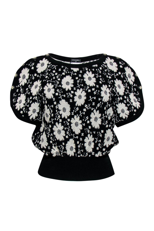 Chanel - Black & White Floral Embroidered Short Sleeve Sweater Sz 4 –  Current Boutique