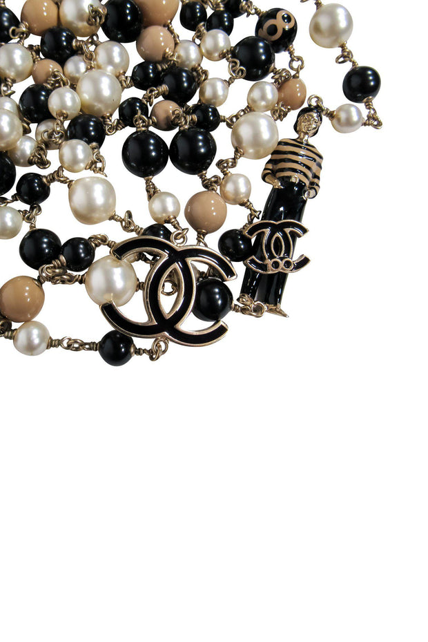 Chanel Black White Tan Faux Pearl Layered 100th Anniversary Necklace