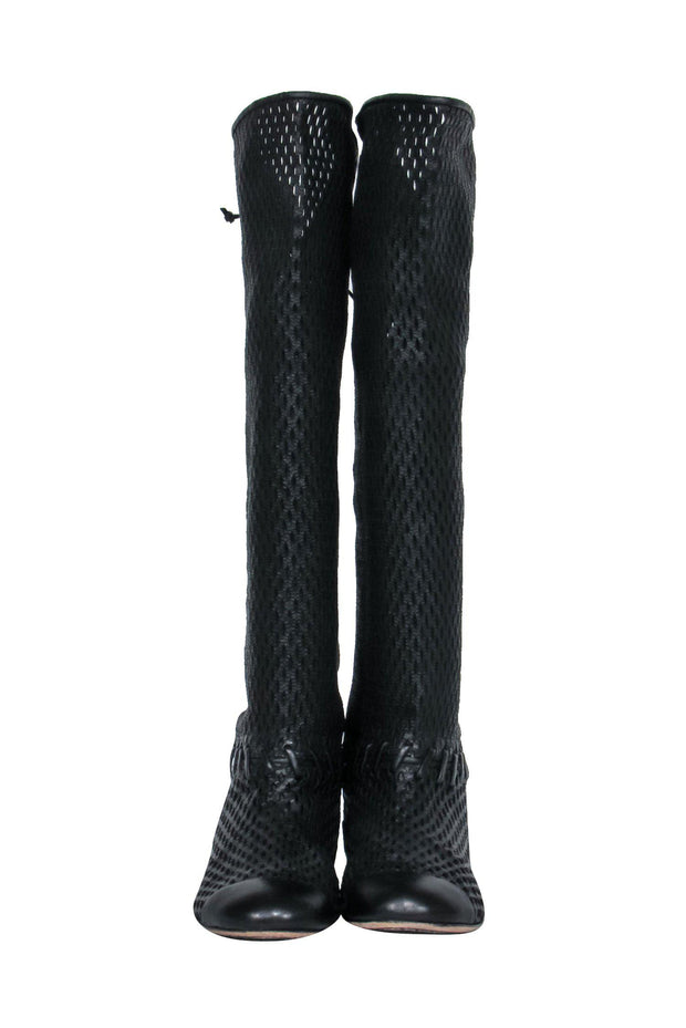 Current Boutique-Chanel - Black Woven Knee High Lace-Up Boots Sz 7
