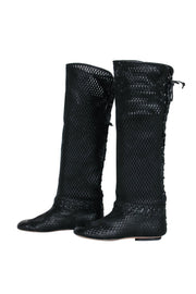 Current Boutique-Chanel - Black Woven Knee High Lace-Up Boots Sz 7