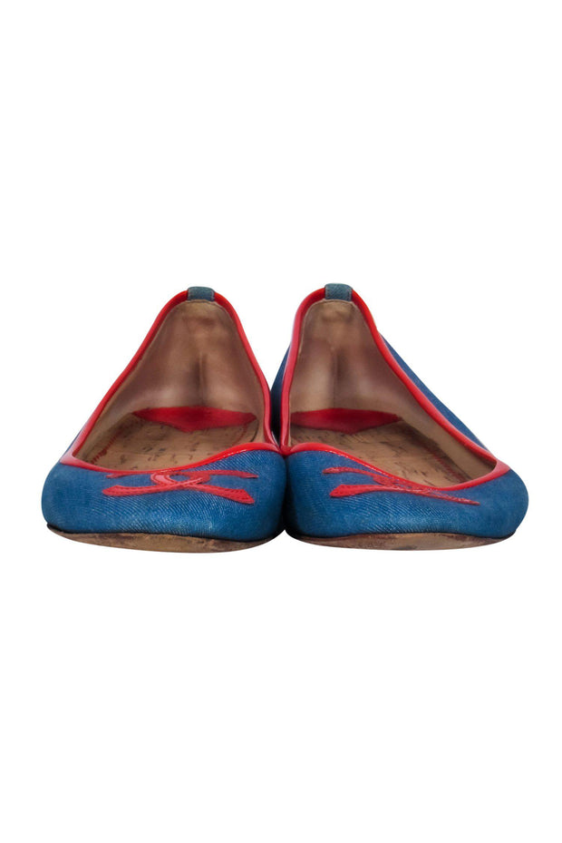 👠Vintage CHANEL Red /Navy Blue Bicolor Leather Shoes Pumps Flats Fit Sz 6,  6.5
