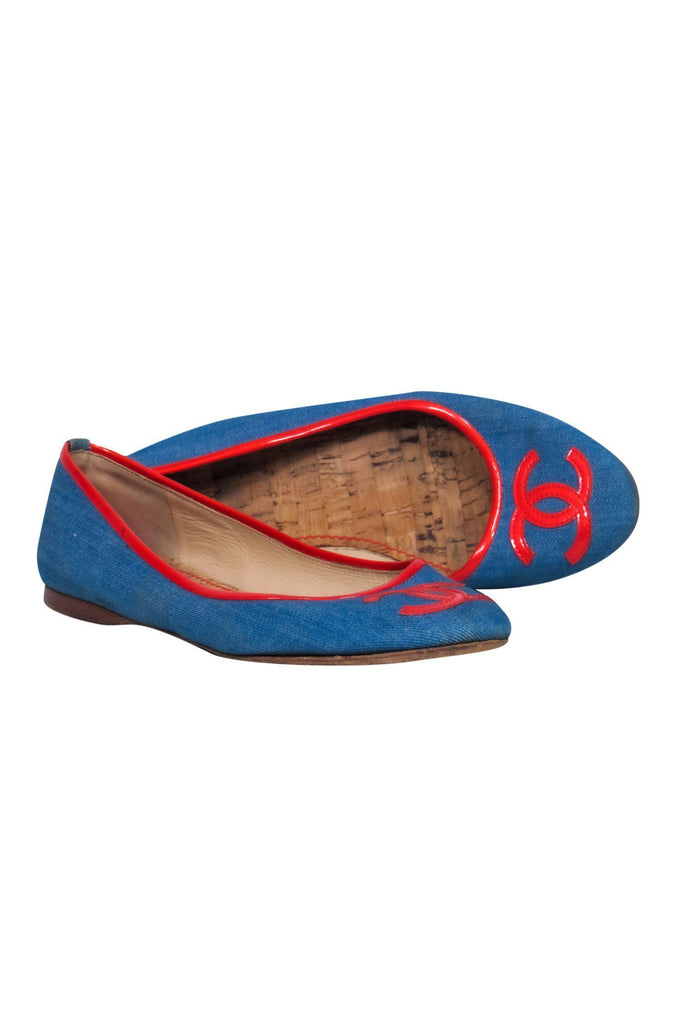 Chanel - Blue Chambray Ballet Flats w/ Red Leather Trim Sz 10