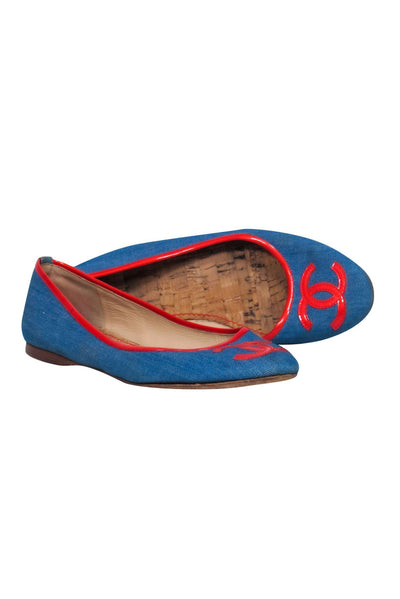 Current Boutique-Chanel - Blue Chambray Ballet Flats w/ Red Leather Trim Sz 10