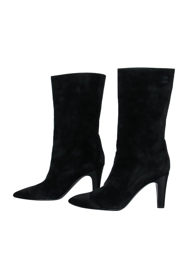 Current Boutique-Chanel - Cap Toe Mid-Calf Black Suede Boots w/ Embroidery Sz 8