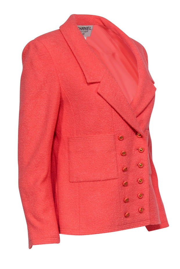 Current Boutique-Chanel - Coral Tweed Button-Front Blazer w/ Gold Buttons Sz 8