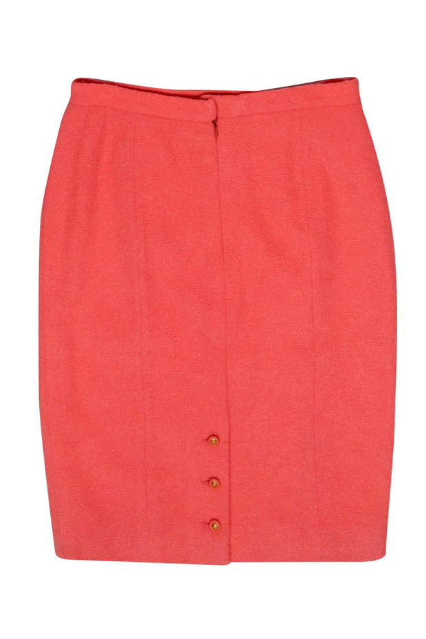 Current Boutique-Chanel - Coral Tweed Pencil Skirt w/ Golden Button Accents Sz 8
