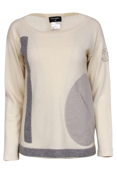 Current Boutique-Chanel - Cream & Gray Patchwork Cashmere Sweater w/ Pocket Sz 2
