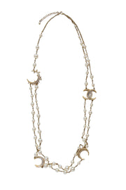 Current Boutique-Chanel - Gold Faux Pearl Crescent Moon Long Necklace w/ Rhinestones