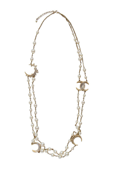 Current Boutique-Chanel - Gold Faux Pearl Crescent Moon Long Necklace w/ Rhinestones
