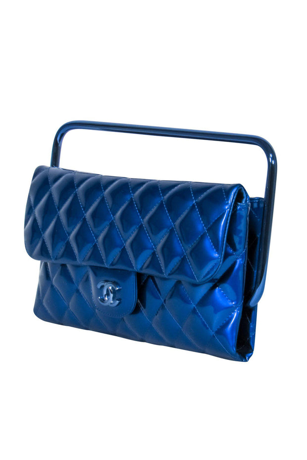 Chanel - Metallic Blue Quilted Patent Leather Bar Handle Bag