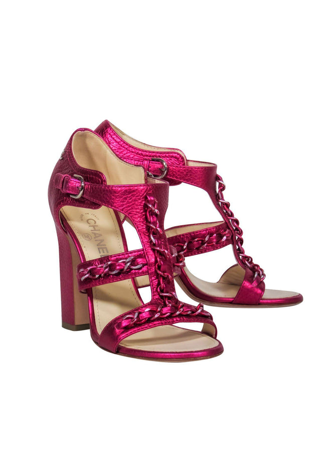 Current Boutique-Chanel - Metallic Fuchsia Caged Heels w/ Chain Trim Sz 6.5