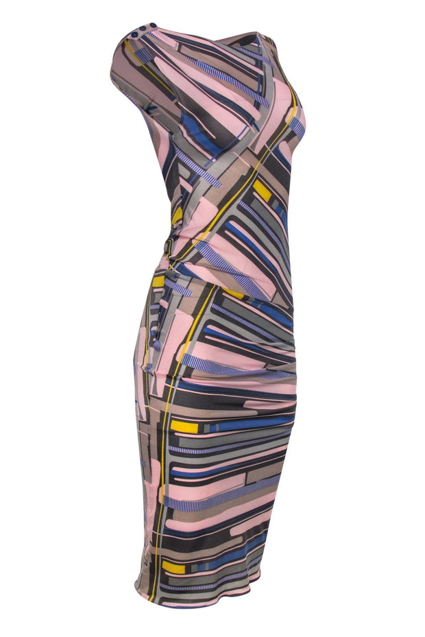 Chanel - Pink, Grey & Blue Abstract Print Sleeveless Ruched Maxi