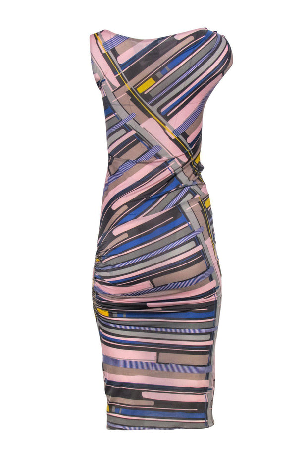 Current Boutique-Chanel - Pink, Grey & Blue Abstract Print Sleeveless Ruched Maxi Dress Sz 8