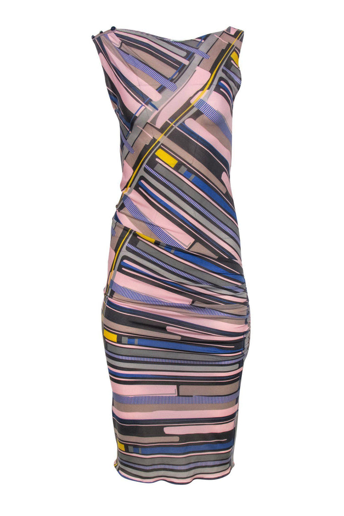 Chanel - Pink, Grey & Blue Abstract Print Sleeveless Ruched Maxi Dress Sz 8