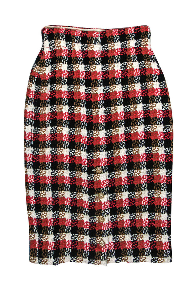 Chanel - Red, Brown, Black & White Plaid Tweed Pencil Skirt Sz 6