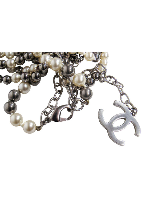Chanel - Silver Chain & Faux Pearl Large Fringe Necklace