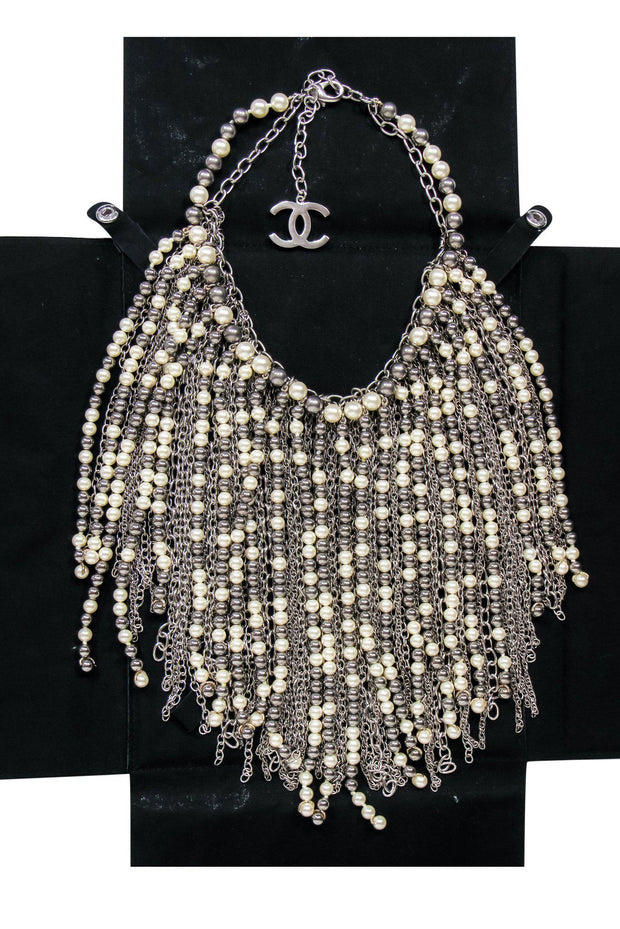 Current Boutique-Chanel - Silver Chain & Faux Pearl Large Fringe Necklace