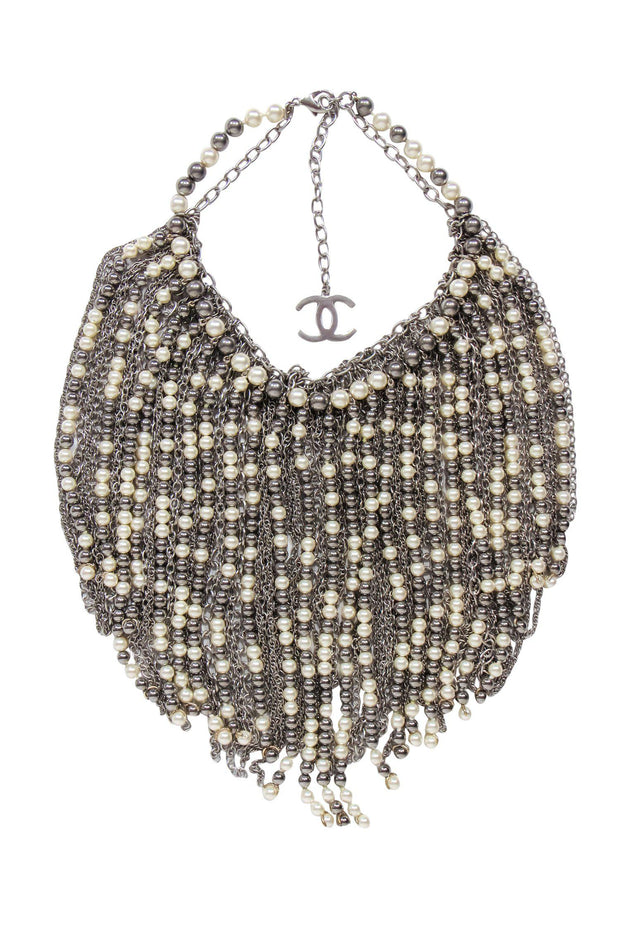 Chanel - Silver Chain & Faux Pearl Large Fringe Necklace