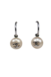 Current Boutique-Chanel - Silver & Faux Pearl Open Hoop Earrings