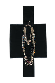Current Boutique-Chanel - Silver Long Multi-Chain Faux Pearl Necklace w/ Resin Stones
