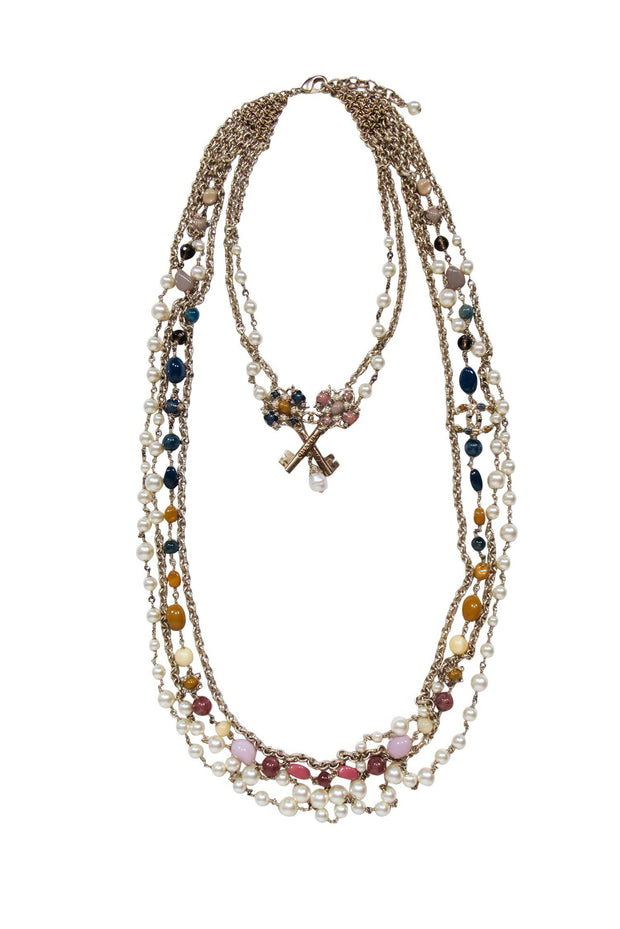 Current Boutique-Chanel - Silver Long Multi-Chain Faux Pearl Necklace w/ Resin Stones