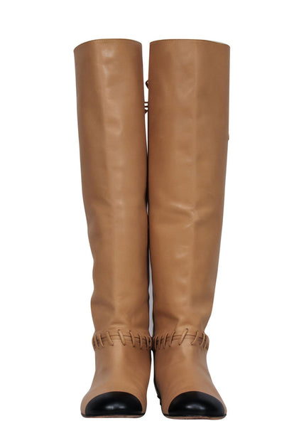 Chanel Beige & Black Leather Lace Up Tall Boots with CC Logo 37.5
