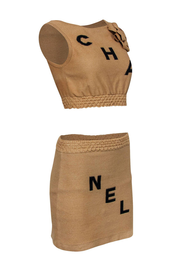 Chanel - Tan Knit Chanel Logo Tank & Skirt Set w/ Rosette Sz 4