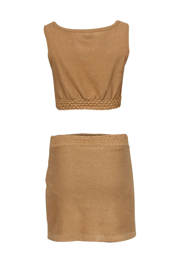 Current Boutique-Chanel - Tan Knit Chanel Logo Tank & Skirt Set w/ Rosette Sz 4