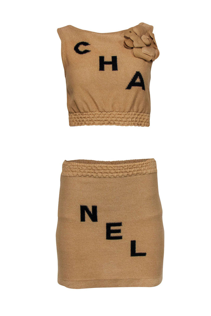 Chanel - Tan Knit Chanel Logo Tank & Skirt Set w/ Rosette Sz 4 – Current  Boutique