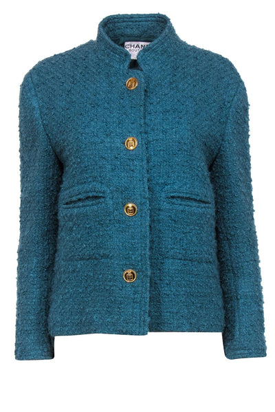 Current Boutique-Chanel - Vintage Teal Textured Tweed Jacket w/ Gold Perfume Buttons Sz 8