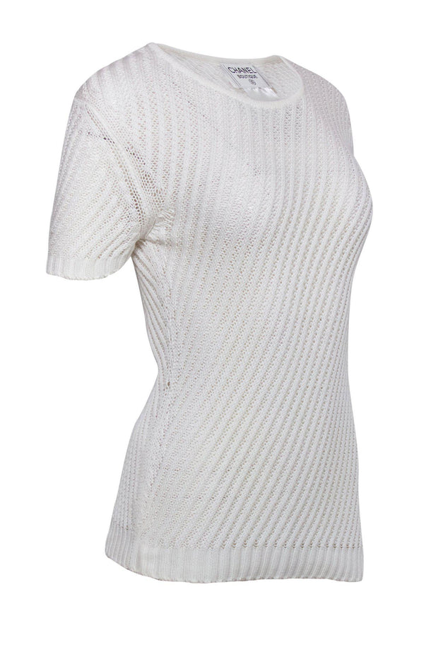 Chanel  White Loose Knit Short Sleeve Sweater Sz 8  Current Boutique