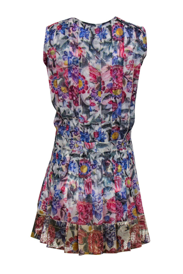 Current Boutique-Chanel - White & Multicolored Floral Print Pleated Silk Dress w/ Metallic Hem Sz 4