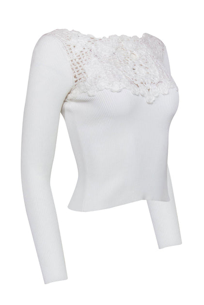 Chanel - White Ribbed Crochet-Front Cropped Top Sz XS