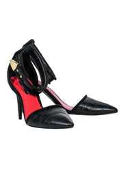 Current Boutique-Charles Jourdan - Black Textured Ankle-Strap Pointed Pumps Sz 7.5