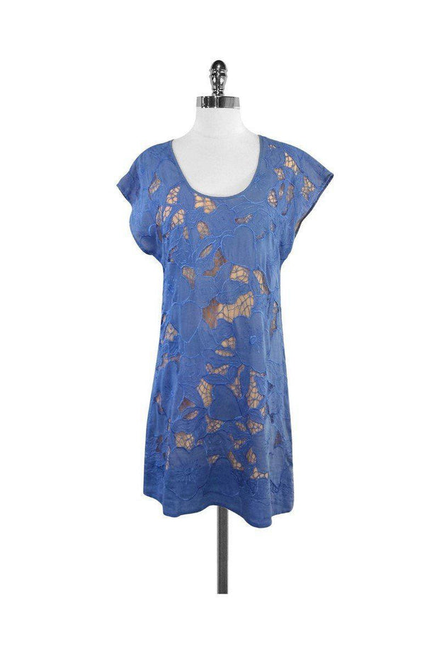 Current Boutique-Chelsea Flower - Blue & Tan Floral Eyelet Cotton Dress Sz S