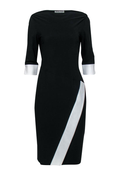Current Boutique-Chiara Boni - Black Boat Neck Sheath Dress w/ White Trim Sz 10