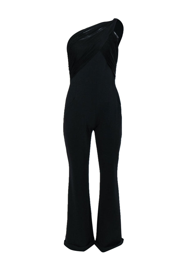 Current Boutique-Chiara Boni - Black One Shoulder Jumpsuit w/ Knotted Mesh Sz 8