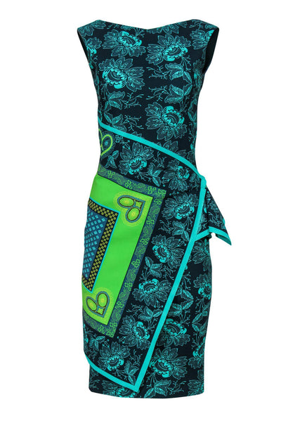 Current Boutique-Chiara Boni - Blue & Neon Green Tropical Floral Print Faux Wrap Dress w/ Bandana Design Sz 4