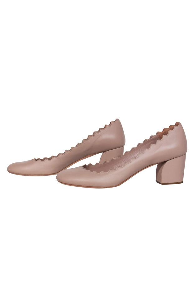 Current Boutique-Chloe - Beige Leather Scalloped Block Heel Pumps Sz 10