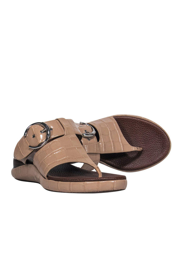 Current Boutique-Chloe - Beige Patent Embossed Leather Thong Sandals w/ Buckles Sz 10