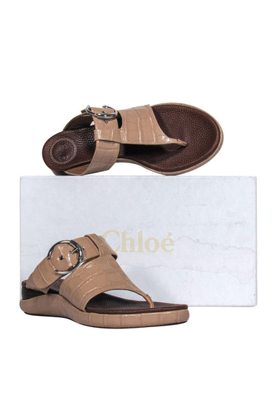 Current Boutique-Chloe - Beige Patent Embossed Leather Thong Sandals w/ Buckles Sz 10