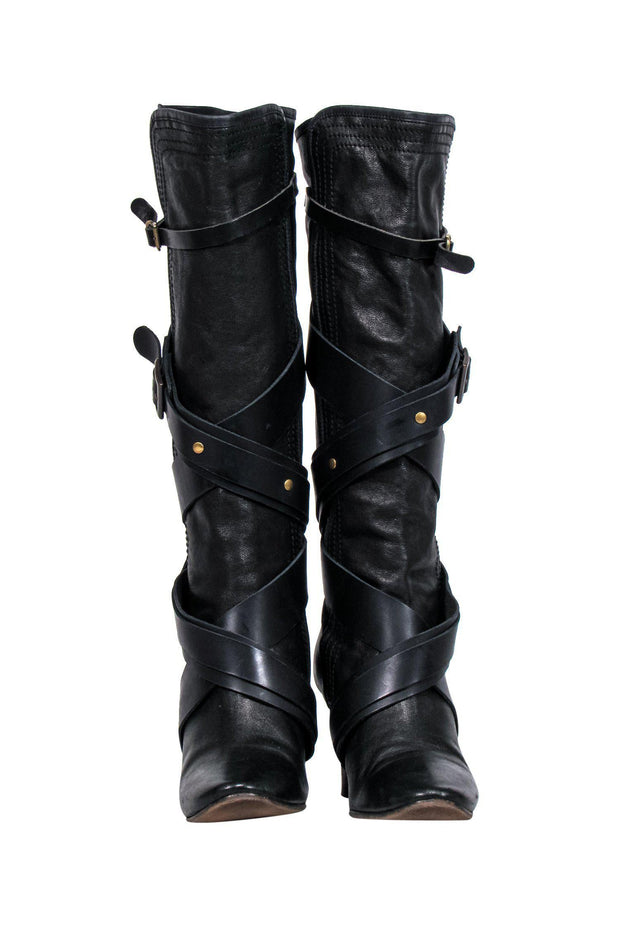 Current Boutique-Chloe - Black Leather Heeled Tall Boots w/ Buckles Sz 6.5