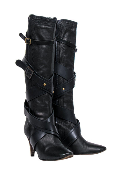 Current Boutique-Chloe - Black Leather Heeled Tall Boots w/ Buckles Sz 6.5
