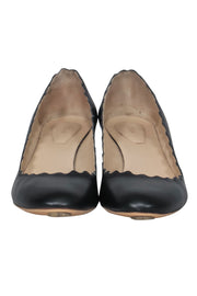 Current Boutique-Chloe - Black Leather Scalloped Block Heel "Lauren" Pumps Sz 5.5